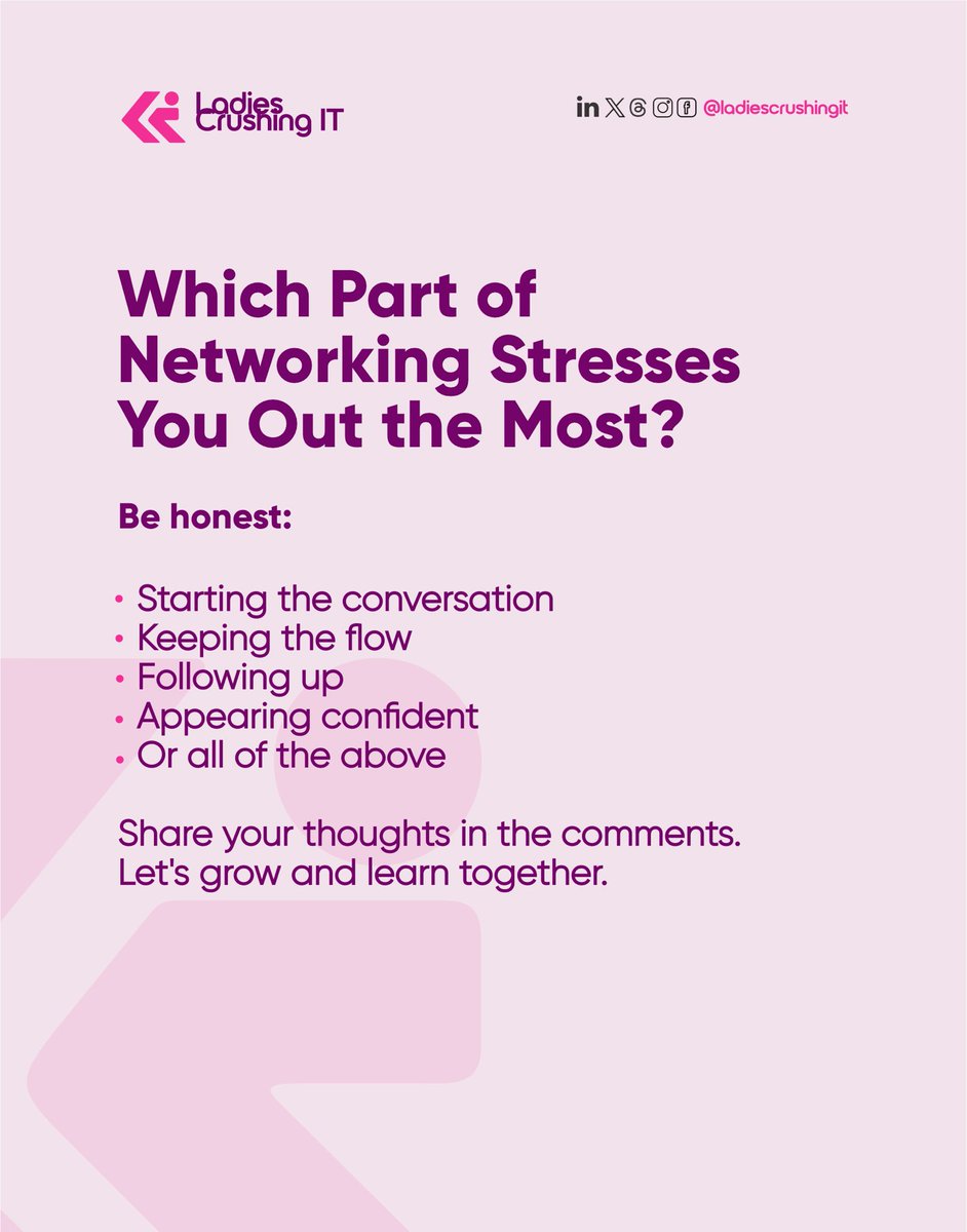 LCIt_'s tweet image. Swipe through for practical networking scripts, clear follow-up tips, and gentle strategies that actually work — even for the quietest voices in the room.

Let’s grow intentionally, not loudly.
#LadiesCrushingIT #WomenInTech #IntrovertsInTech #NetworkingTips

2/2