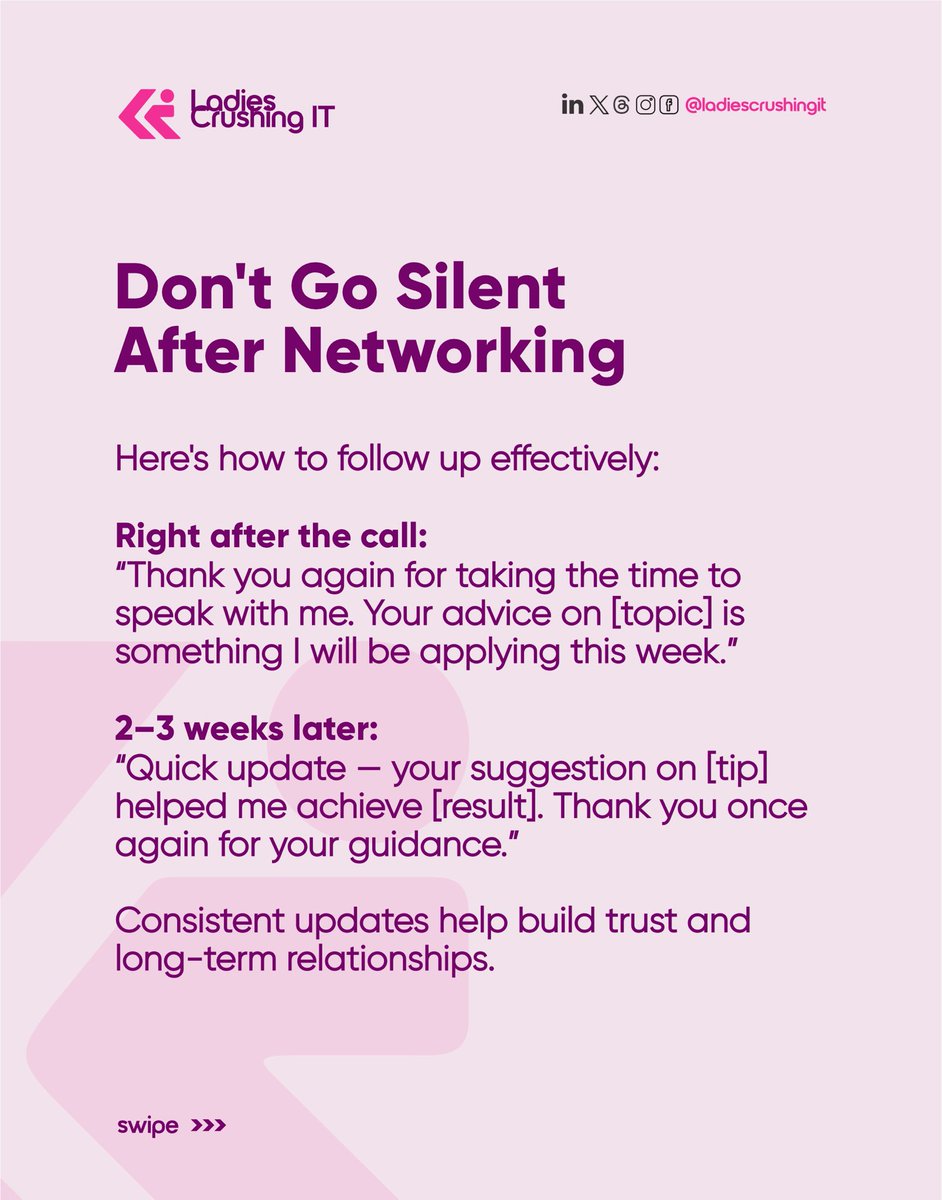LCIt_'s tweet image. Swipe through for practical networking scripts, clear follow-up tips, and gentle strategies that actually work — even for the quietest voices in the room.

Let’s grow intentionally, not loudly.
#LadiesCrushingIT #WomenInTech #IntrovertsInTech #NetworkingTips

2/2