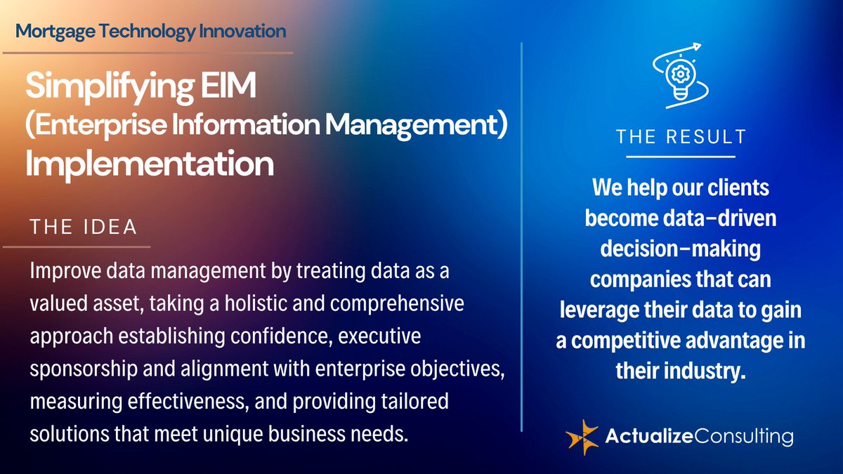 actualizellc's tweet image. Our EIM offerings incorporate industry-recognized data management capabilities and processes that are tailored to meet our client needs.Learn more at actualizeconsulting.com/enterprise-inf… #datamanagement #technologysolutions