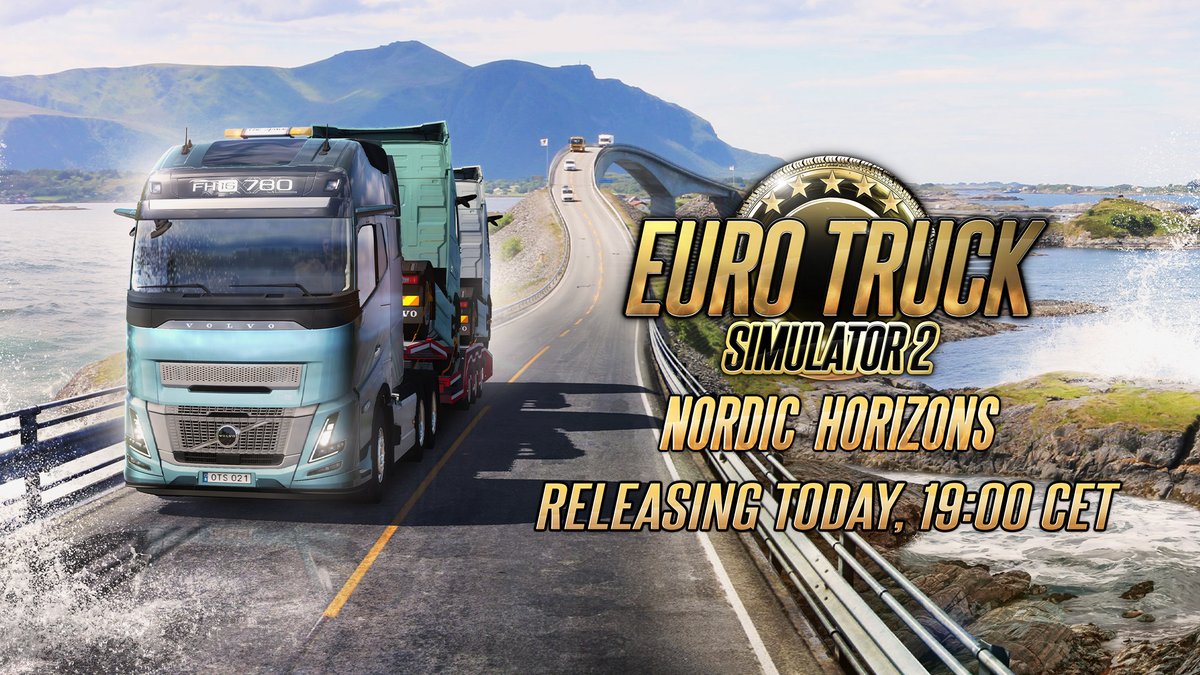 SCSsoftware's tweet image. Today’s the day! The Nordic Horizons DLC for Euro Truck Simulator 2 releases today at 19:00 CET! 🚛💨 And that’s not all, we’re also releasing a brand-new Forest Machinery DLC alongside it! 🌲🪚

See what awaits you at 👉 blog.scssoft.com/2025/11/nordic…