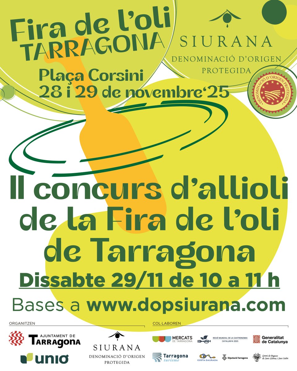 👩‍🍳 Teniu la mà trencada a l'hora de preparar allioli? Apunteu-vos aquest dissabte al II Concurs d'allioli de la Fira de l'oli de #Tarragona, a la plaça Corsini!

#LOOVEesAmor #DOPSiurana #DietaMediterrània #OOVE #RegióMundialdelaGastronomia #RMG25