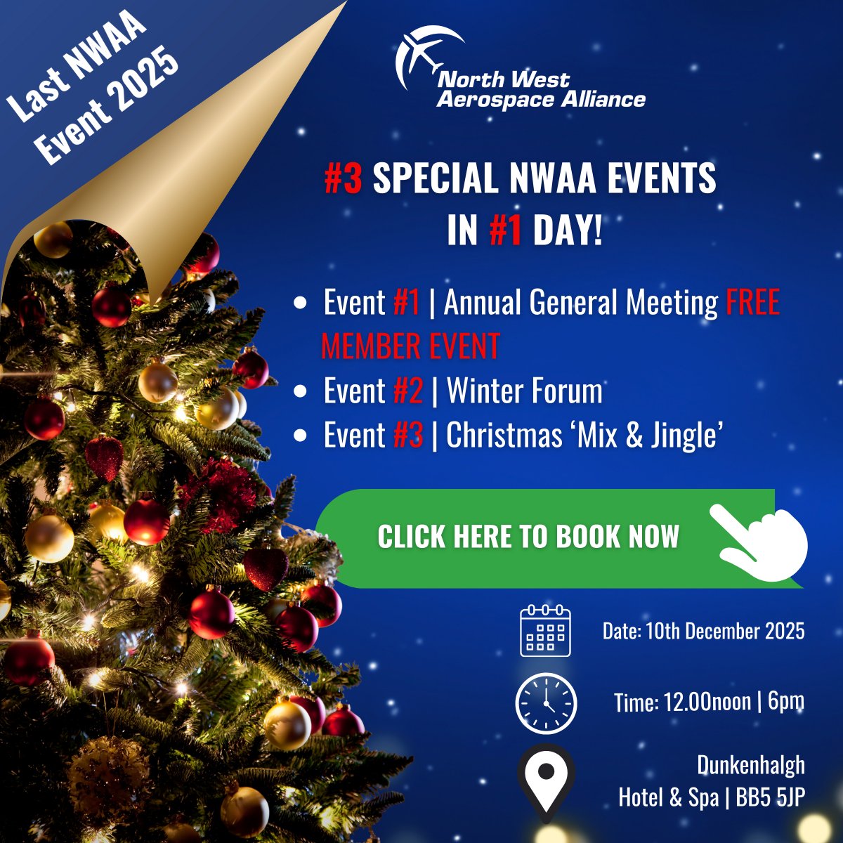 🚀 3 Events. 1 Day. Endless Opportunities. 🚀
 The NWAA AGM, Winter Forum &amp; Mix &amp; Jingle bring together the North West’s aerospace community
🔗 [Register for All 3 Events Here] ow.ly/X2ao50Xkro0

📅 Wednesday, 10th December 
⏰ 12pm to 6pm
📍 Mercure Dunkenhalgh Hotel &amp; Spa