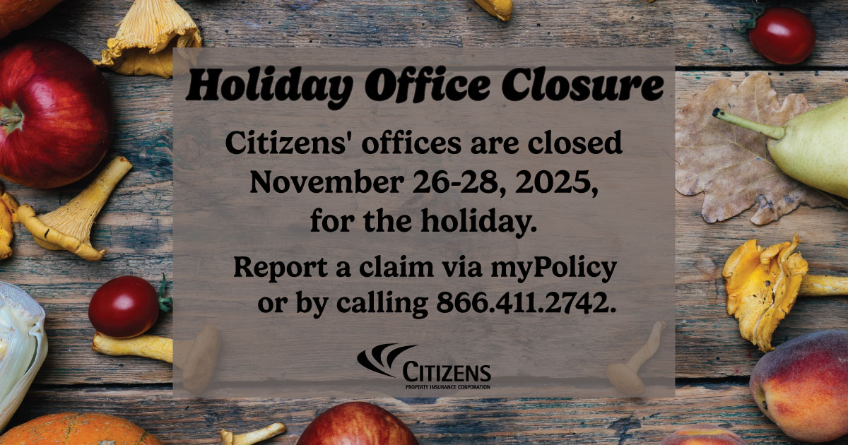 #HappyThanksgiving: Citizens' offices are closed November 26-28. Regular business hours resume on December 1. Claims reporting is available 24/7/365 online via myPolicy or by contacting us at 866.411.2742. Wishing you a wonderful holiday filled with warmth and happiness.