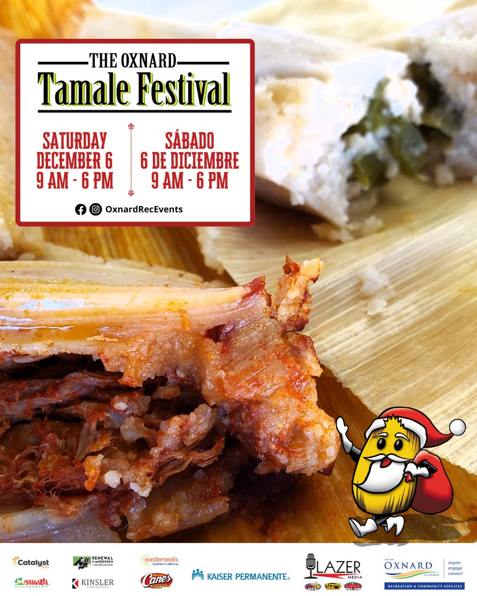 OxnardRecEvents's tweet image. 🎄🌶️ Calling all tamale lovers and foodies! 🌶️🎄
The 18th Annual Oxnard Tamale Festival is coming to Plaza Park on December 6, 9 AM - 6 PM, and it’s going to be a tamale paradise you won’t want to miss! 🎉
#OxnardTamaleFestival #TamaleLovers #TamalesFromEverywhere #PlazaPark