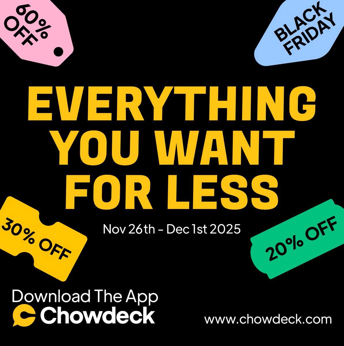 ChowdeckGH's tweet image. Chowstars, it’s official!
Massive discounts on everything you want on Chowdeck!

🗓️: Wednesday, November 26th- Monday, December 1st

Are you ready?