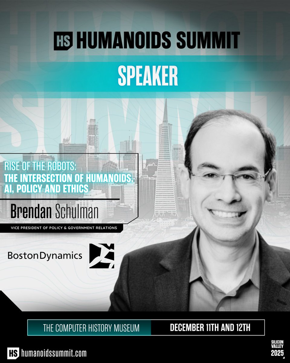 HumanoidsSummit's tweet image. Brendan Schulman (@dronelaws) of @BostonDynamics explores the collision of humanoids, AI, policy, and ethics. The tech is ready — but is society?

🛎️ Don’t miss out — register now: humanoidssummit.com

#HumanoidsSummit #AI #EmbodiedAI #PhysicalAI