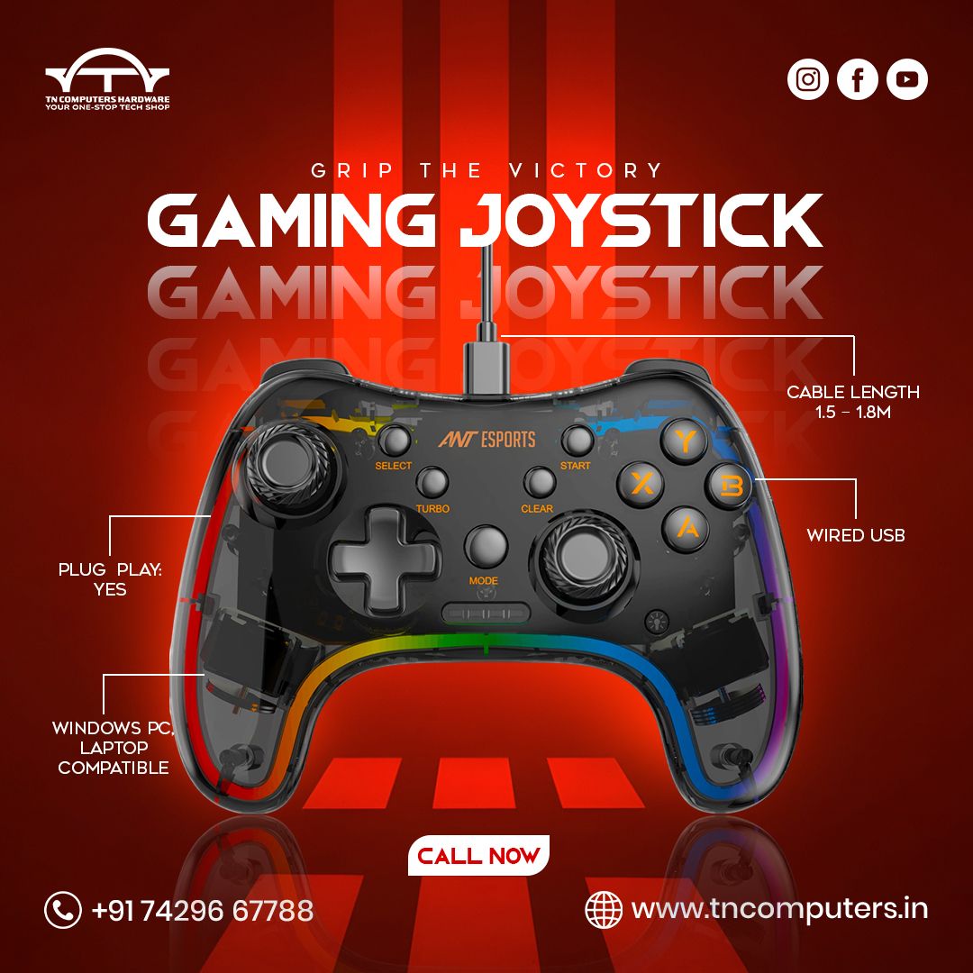 Tncomputerstech's tweet image. 🎮 ANT Esports Gaming Joystick
• Plug &amp;amp; Play
• Wired USB
• Turbo Mode
• 1.5–1.8m Cable
Compatible with Windows PC &amp;amp; Laptops!
📞 +91 74296 67788
🌐 tncomputers.in
#Gaming #AntEsports #GameController #PCGaming