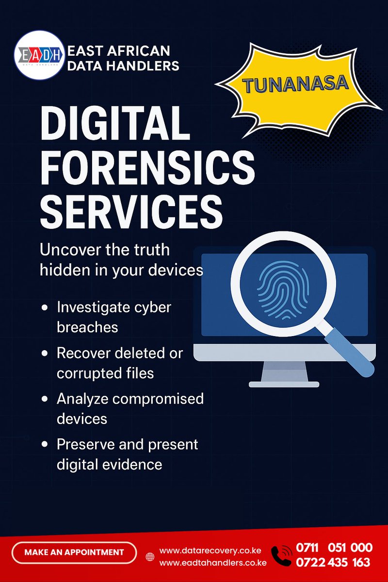 EADataHandlers's tweet image. Need digital evidence analyzed or recovered?
East African Data Handlers provides reliable Digital Forensics Services — cyber investigations, deleted file recovery, and device analysis.

Email: 
info@eadatarecovery.co.ke 

PHONE☎️:
 +254 711 051 000…