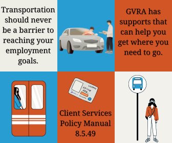 🚍 Under CSPM 8.5.49, GVRA can authorize:
✔️ Public transportation fares or mileage-related costs
✔️ Training to learn how to use public transit safely &amp; independently
✔️ Basic driver training to help individuals gain the knowledge &amp; skills necessary to operate a motor vehicle
