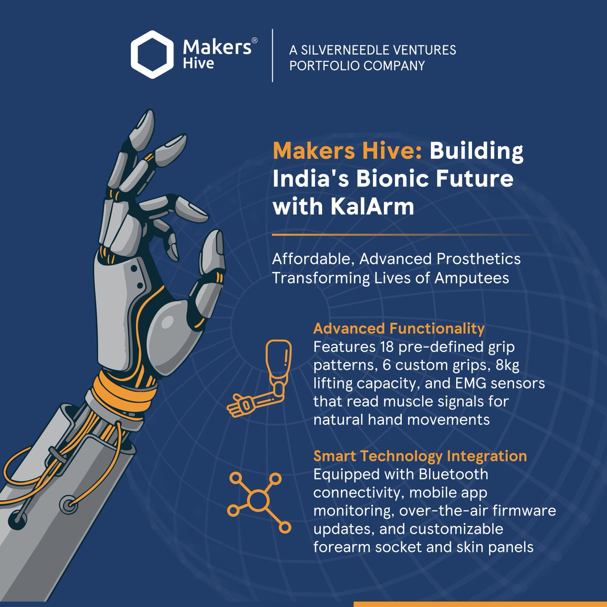SilverneedleV's tweet image. Our #portfolio company @makers_hive is pioneering India&apos;s #bionic future with #KalArm, the country&apos;s first affordable and advanced bionic hand for amputees. 

analyticsindiamag.com/deep-tech/this…

#HealthTech #BionicArm #AssistiveTechnology #StartupIndia #MakeInIndia #SilverneedleVentures