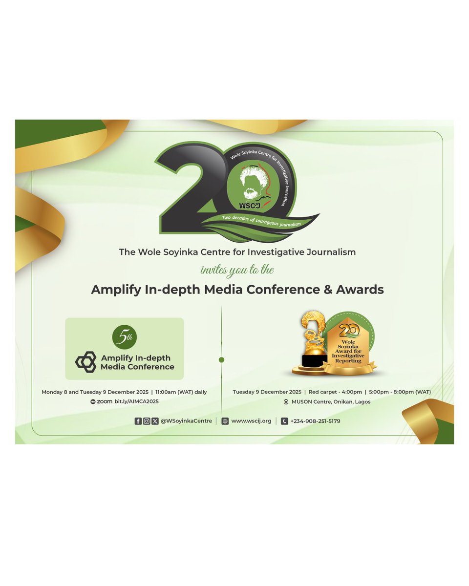 WSoyinkaCentre's tweet image. As we look forward to the 20th #WSAIR and anniversary celebration on Tuesday 9 December 2025, we invite you to be part of this milestone. To attend, register here: bit.ly/48dPxu2

#WSCIJAT20 #WSAIR2025 #20WSAIR #20FOR20STORIES