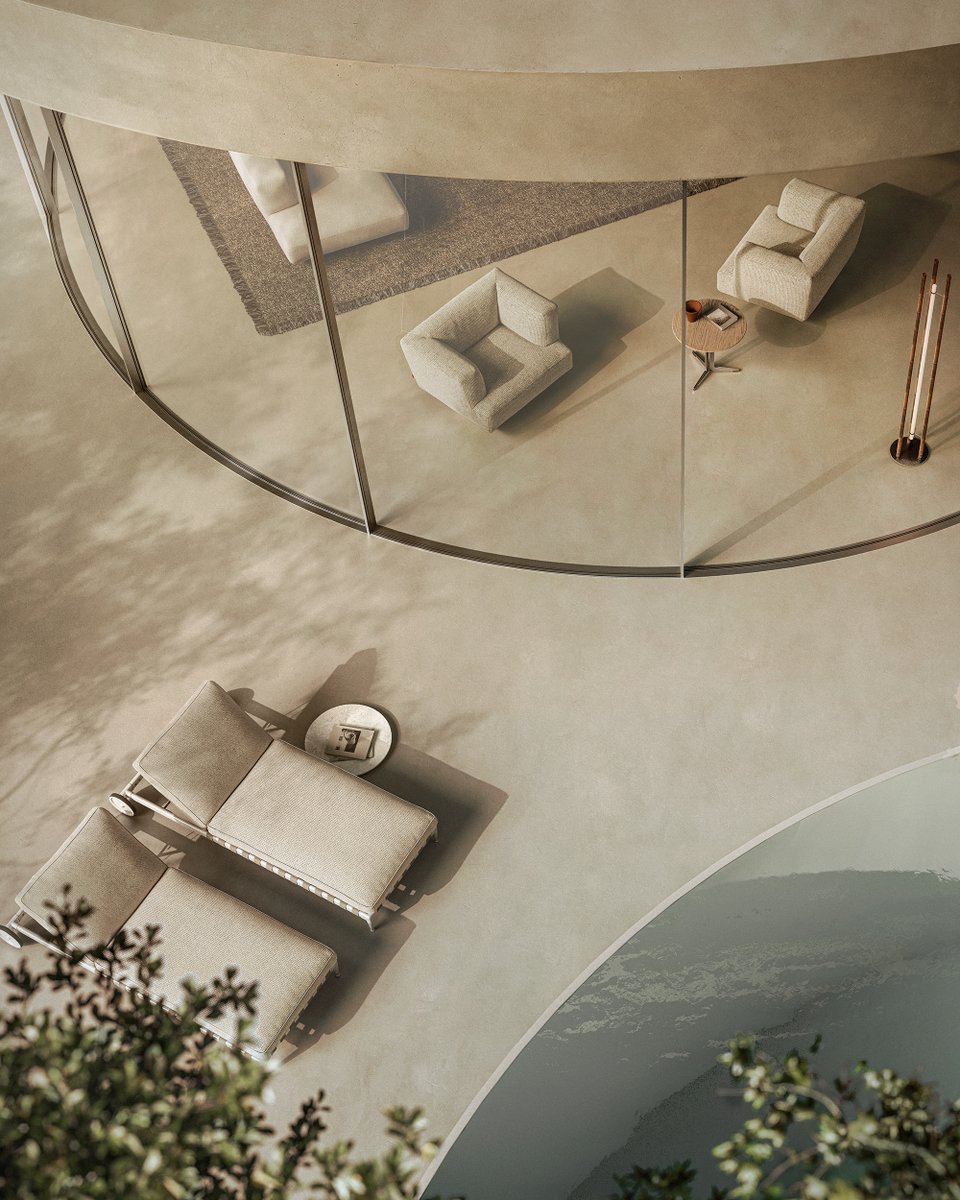 Flexform_ITA's tweet image. A curved wall of glass separates interior from exterior, yet the dialogue continues – textured surfaces, soft contours, and furnishings in quiet accord. Indoors and out, minimalist forms echo organic shapes in a shared expression of calm serenity, where time moves slowly and…
