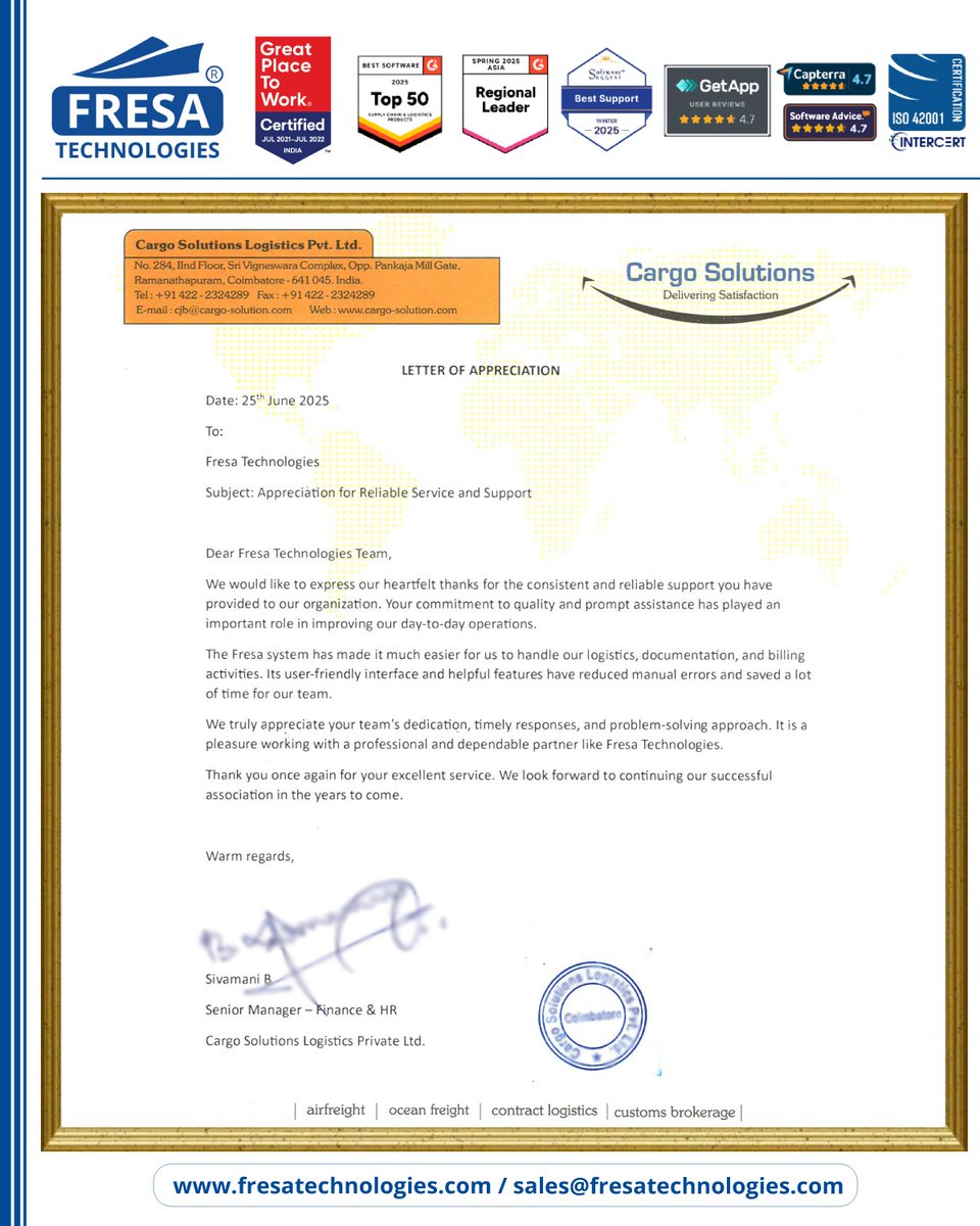 fresatechnology's tweet image. ✨We are deeply grateful to CARGO SOLUTIONS LOGISTICS PVT LTD  for their kind appreciation letter.

For more queries please visit below link 👇fresatechnologies.com/clients-feedba…

#FresaTechnologies #FreightSolutions #FreightForwarding #CustomerSatisfaction #CustomerFeedback #HappyCustomer