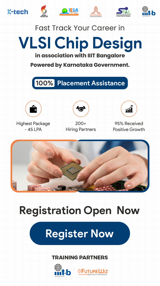 FutureWiz_vlsi's tweet image. 🚀 VLSI Career Starts Here!
100% Placement Assistance | 45 LPA High Package
Powered by Karnataka Govt &amp;amp; IIIT Bangalore
🔔 Registration Open Now — Apply Today!
futurewiz.co.in/kdem/
#VLSI #Semiconductor #ChipDesign #EngineeringJobs #FutureSkills