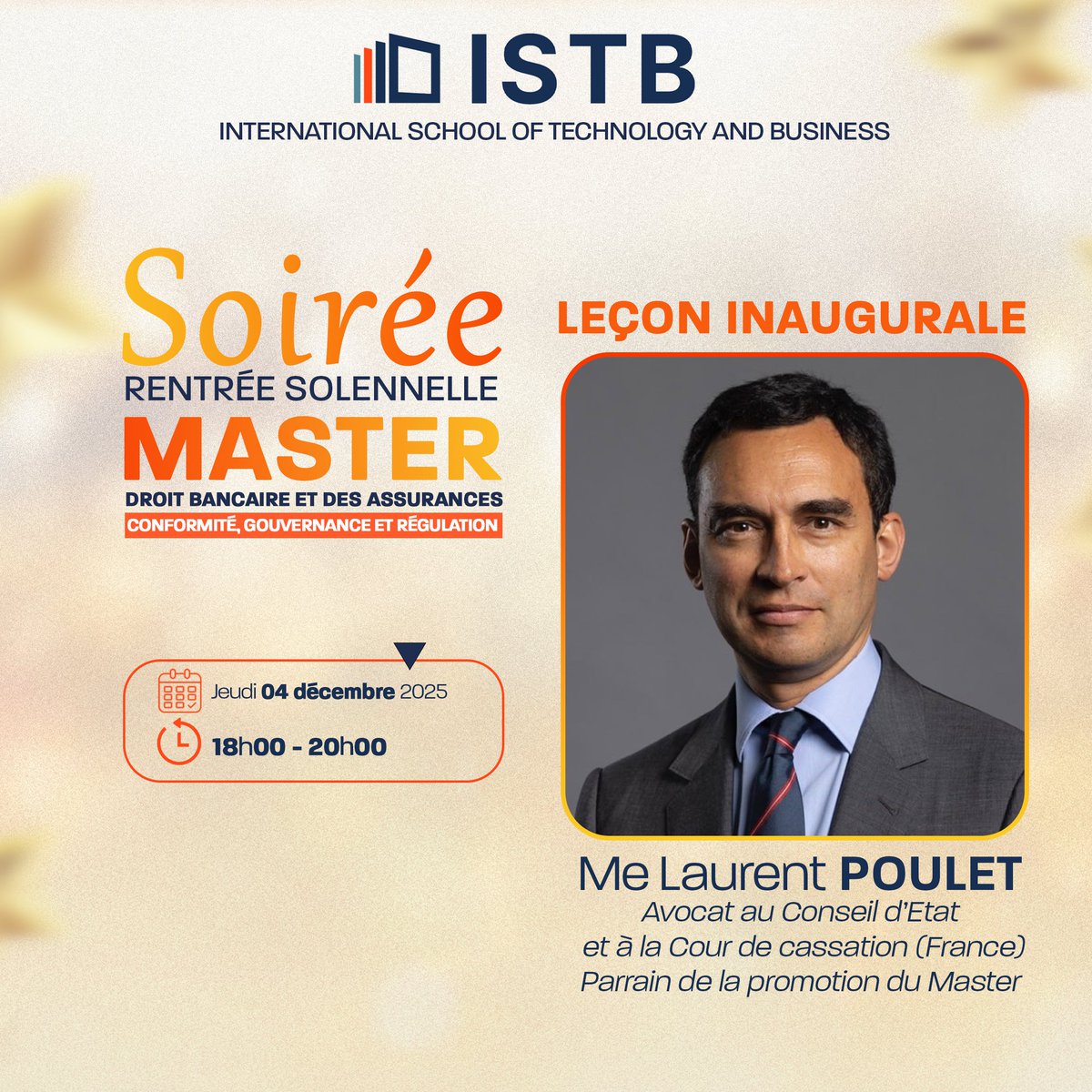 CJD_Djena's tweet photo. La Clinique Juridique Djéna est particulièrement fière d’annoncer que son partenaire, l’#ISTB - International School of Technology and Business, organise sa grande rentrée solennelle pour le parcours Master Conformité, Gouvernance et Régulation. https://t.co/qjW8RPG6sT