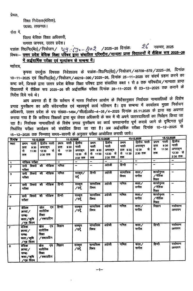 educationofup's tweet image. अर्धवार्षिक परीक्षा 2025 संशोधित समय सारिणी*
#timetable #basic #BasicEducationDepartment
#बेसिक_शिक्षा_विभाग