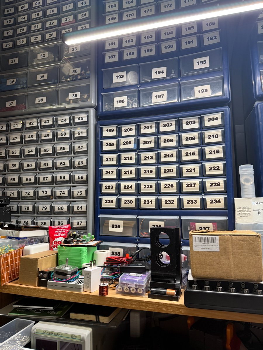 _Stocko_'s tweet image. a lot of you are asking about my inventory system.  it&apos;s really simple but effective.
it&apos;s a google sheet where each row is a box
cmd-f to find a part, look at the row number
i started originally with the grey boxes then added the blue once when those filled up