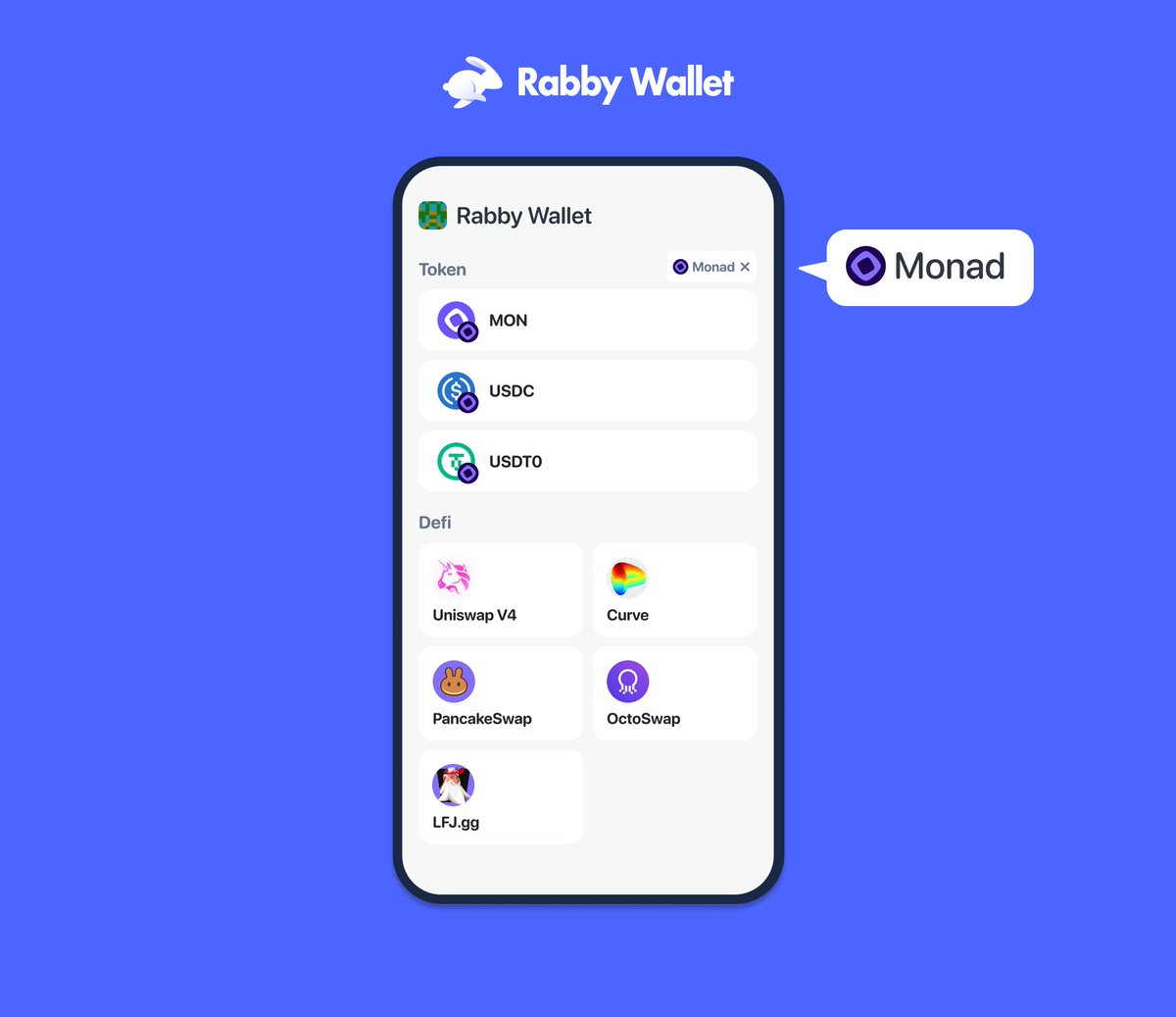 Ready to explore @monad on Rabby? Easily track your Monad assets and DeFi  positions in Rabby, all in one place. First batch of supported protocols  now live: @Uniswap @CurveFinance @PancakeSwap @OctoSwapDex @LFJ_gg