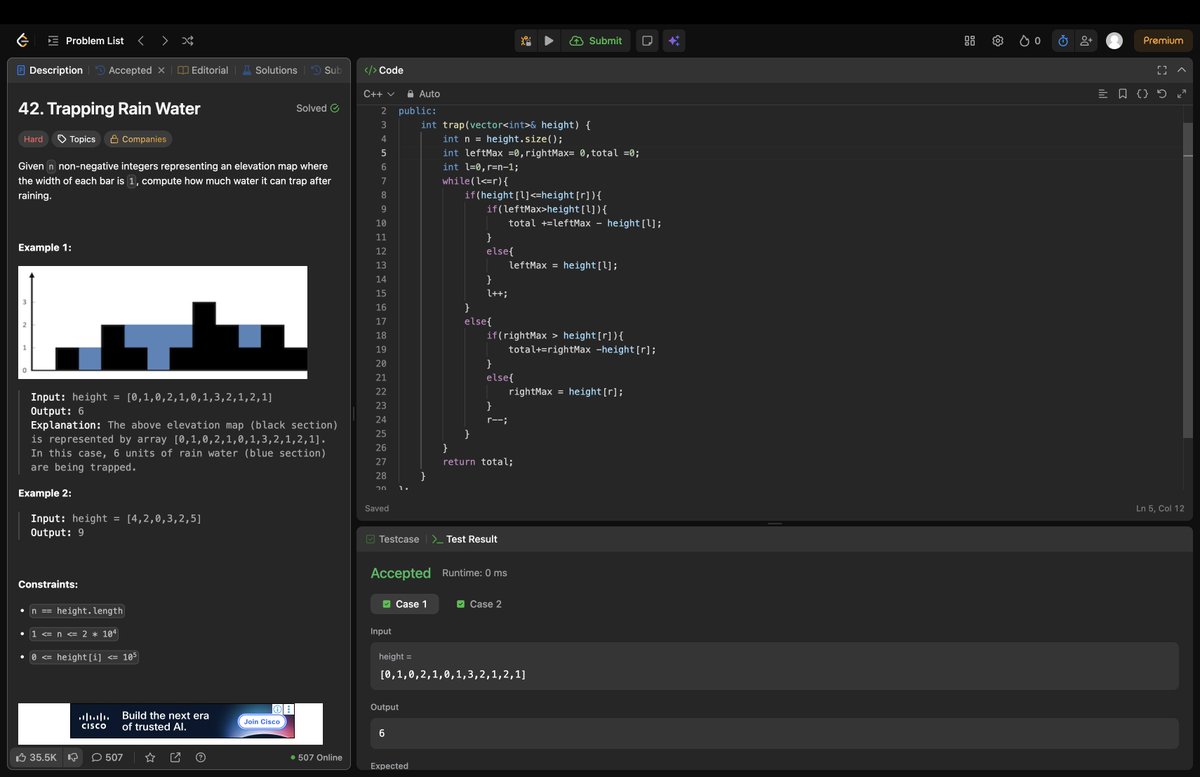 Rohan_269's tweet image. Day 91/200: Solved -“Trapping Rain Water” 💧
Used the two-pointer approach. Once the idea clicks, it feels more like a Medium than a Hard Question.

#200DaysOfCode #LeetCode #Day91 #strivers #A2ZDsa