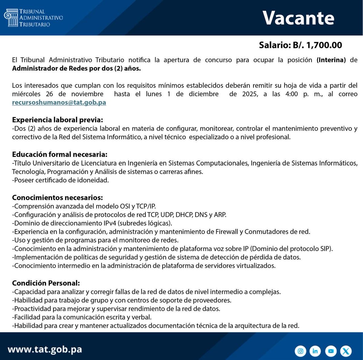 INFOTAT2's tweet image. El Tribunal Administrativo Tributario comparte información para los interesados en aplicar a la siguiente vacante. #vacantes