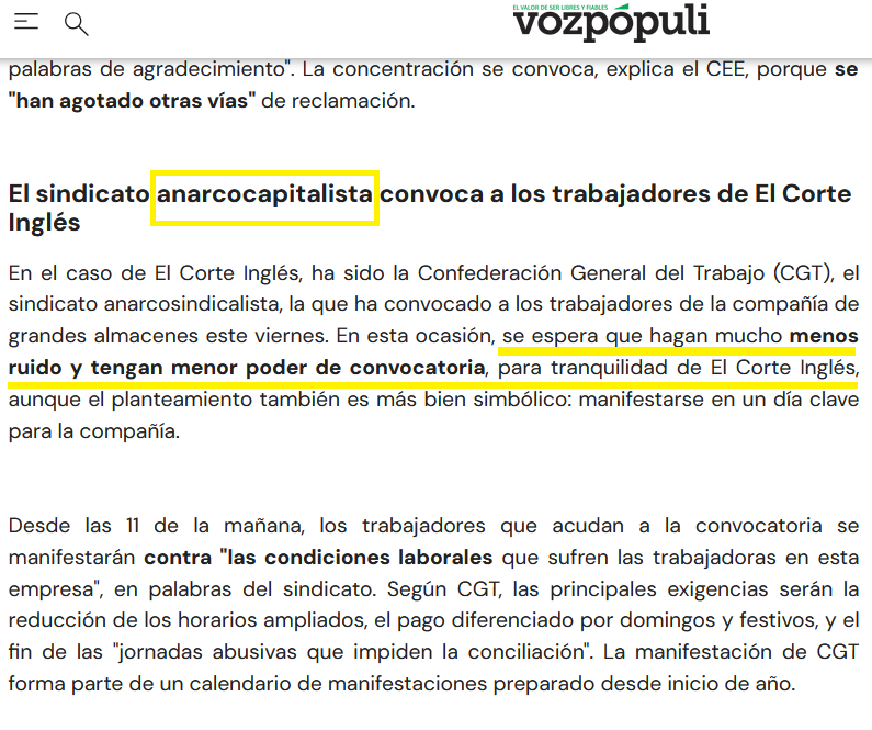 .<a href="/RegiMarinL/">Regina Marín Latonda</a>, dale una vuelta a esto cuando tus jefes de <a href="/voz_populi/">Vozpópuli</a> no miren, anda.

El “anarcocapitalismo” no existe. #CGT es (todavía) #AnarcoSindicalista (acción directa, apoyo mutuo y solidaridad). Con más o menos ruido, estaremos como siempre, frente al explotador.
Gracias.