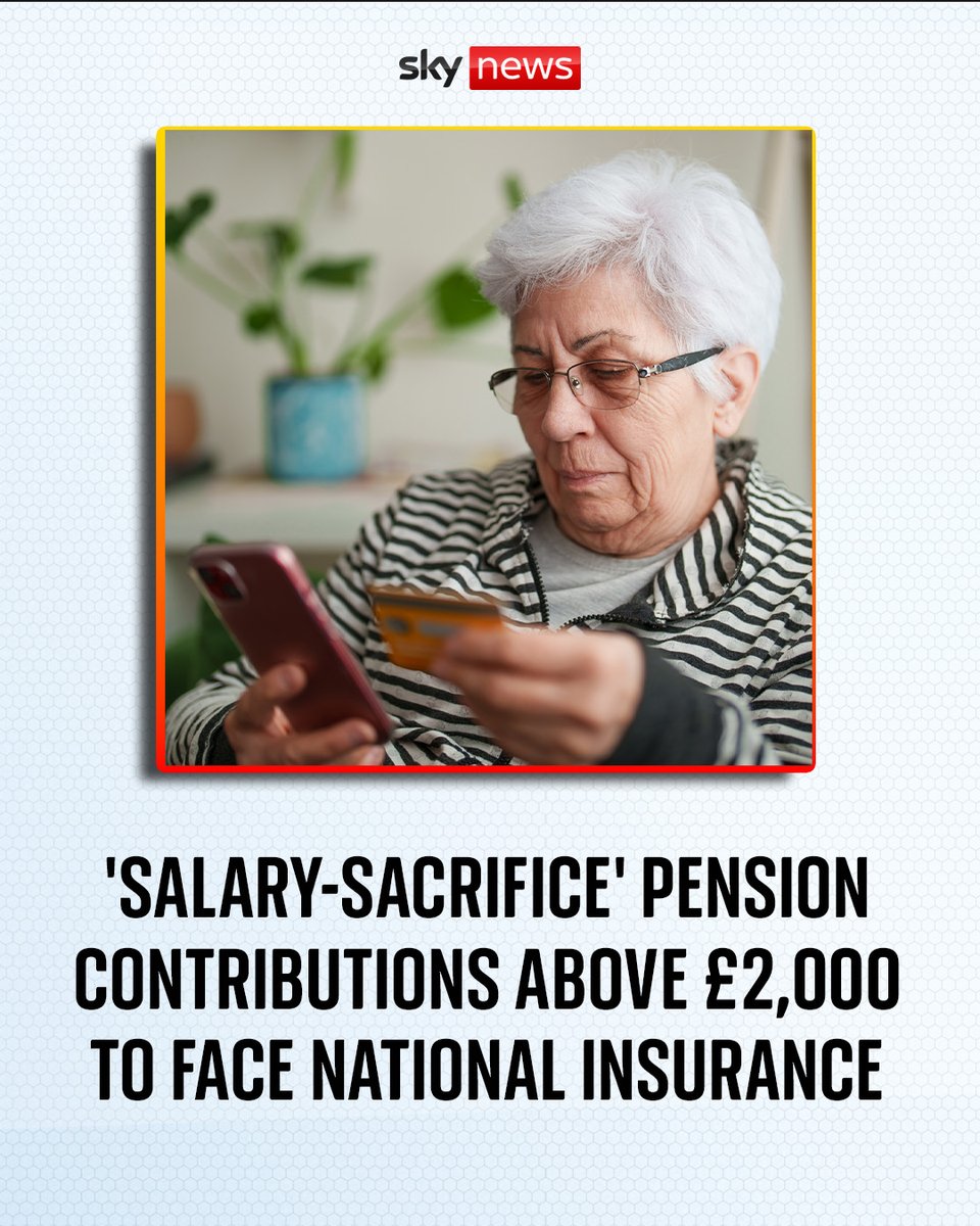 SkyNews's tweet image. From April 2029, National Insurance will be charged on salary-sacrificed pension contributions above an annual £2,000 threshold.

This will raise £4.7bn. 

Read more: news.sky.com/story/budget-2…