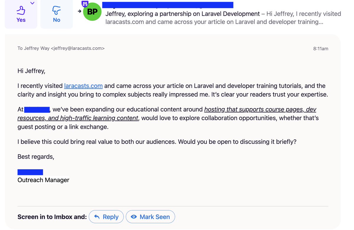jeffrey_way's tweet image. Blows my mind to see how many companies think AI-generated cold sales emails are the way to get business.  It accomplishes the exact opposite.