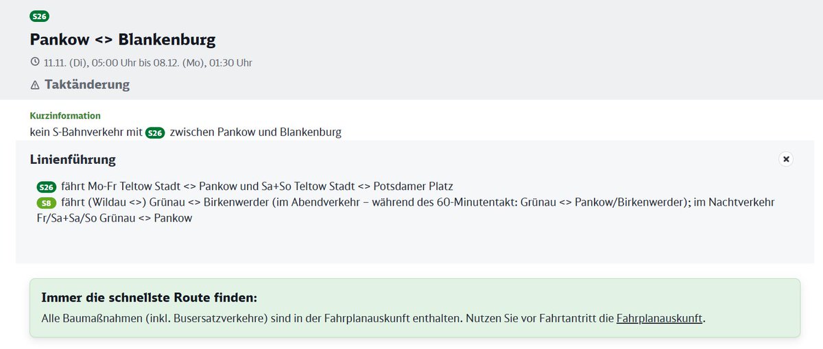 SBahnBerlin's tweet image. #S26 Noch durchgehend bis zum 08.12. (Mo), ca. 01:30 Uhr, besteht zwischen #Pankow und #Blankenburg kein Zugverkehr mit der S26. Alle weiteren Infos unter: sbahn.berlin/fahren/bauen-s…