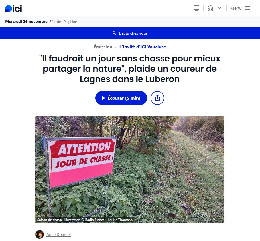 "Il faudrait un jour sans #chasse pour mieux partager la nature", plaide un athlète international de Lagnes dans le Luberon.

"Quand on va se promener, courir, faire du vélo, on n'a aucune façon de savoir si on va se trouver face à des personnes armées".

francebleu.fr/emissions/l-in…