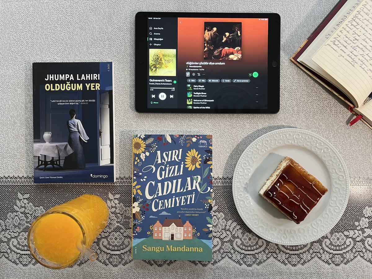 eve geldim, kendime taze portakal suyu sıktım ve şimdi de yeni hediye kitabıma başlıyorum🪩