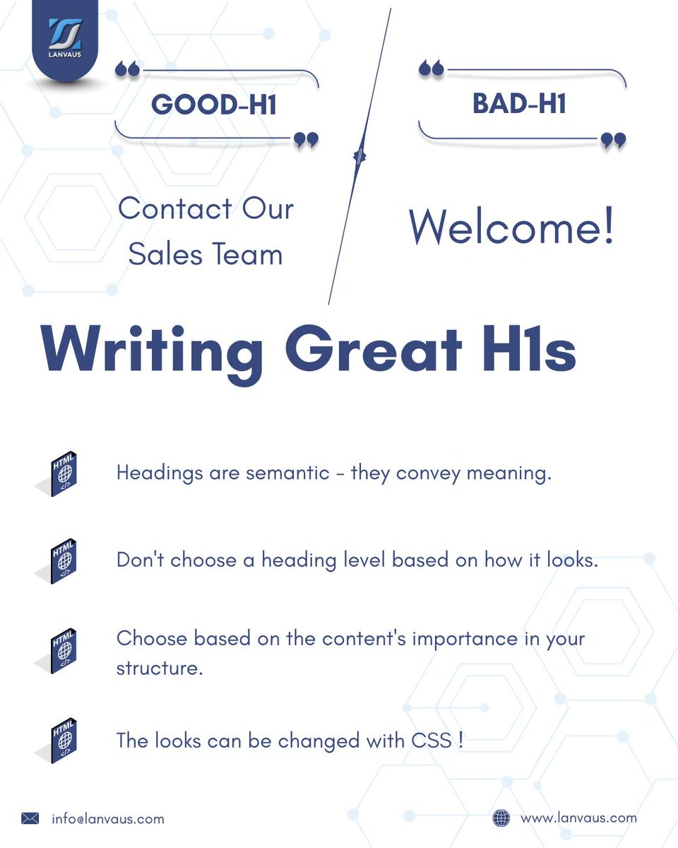 lanvaus's tweet image. Your H1 is like the title of a book - it should tell readers exactly what to expect from the content that follows.

What would your personal website&apos;s H1 be? 🤔

👉 Follow @lanvaus for more HTML updates!

#html #webcontentdevelopment #WebDevelopment  #lanvaus