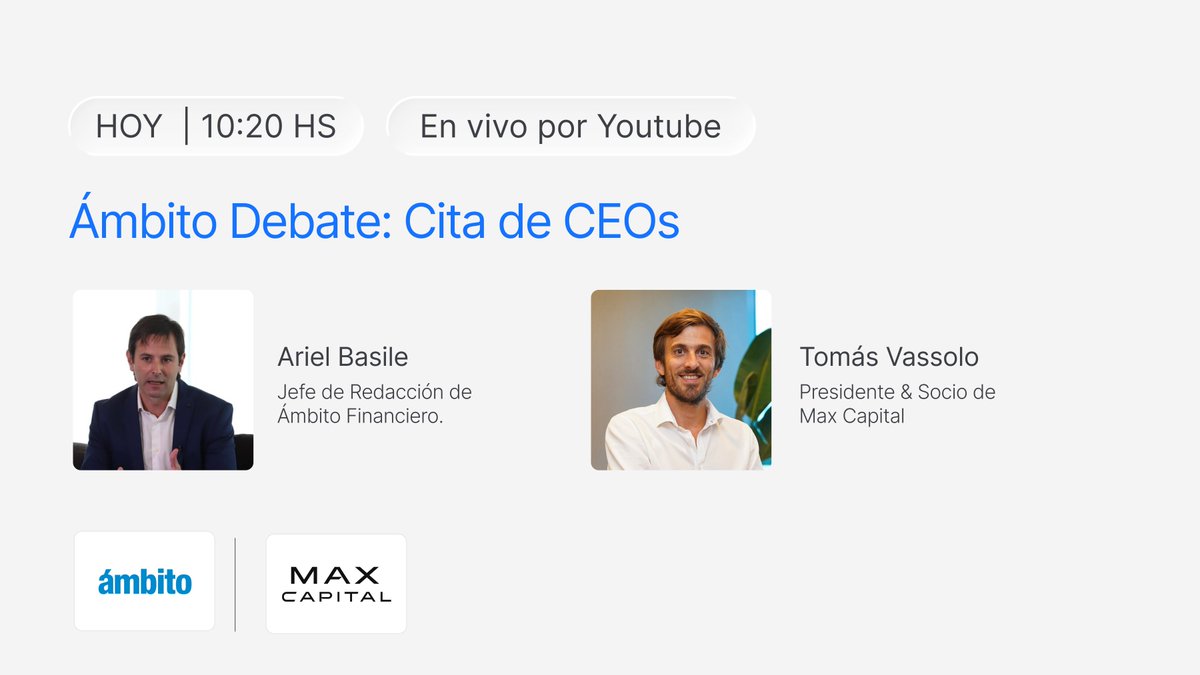 📣 Hoy en vivo a las 10:20 hs en Ámbito Debate – Cita de CEOs
<a href="/Ambitocom/">Ámbito Financiero</a>  reúne a los principales líderes empresariales del país en una nueva edición de Cita de CEOs, un espacio donde se analizan tendencias, desafíos y oportunidades para los negocios en Argentina.
<a href="/TomasVassolo/">Tomas</a>