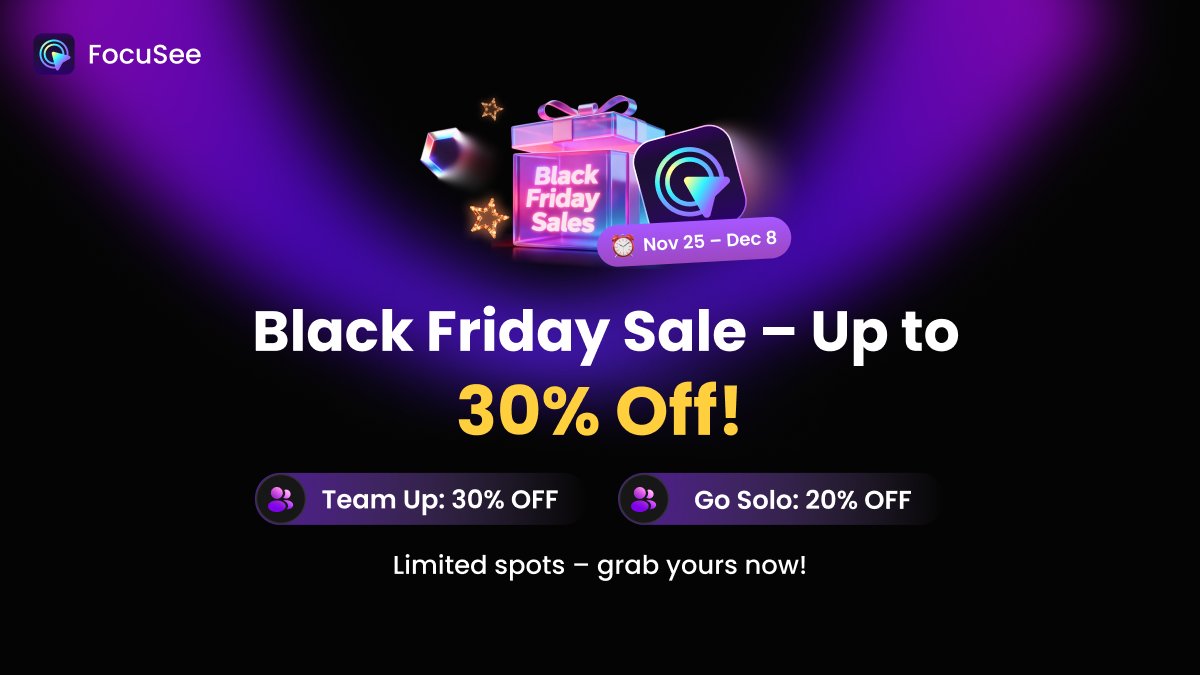 JayBisen473370's tweet image. 🚨 Black Friday deal for video creators is LIVE

If you make tutorials, SaaS/product demos, course content or review videos @FocuSeeHQ is up to 30% OFF right now (limited time)

This AI tool saves HOURS of editing.

👉focusee.imobie.com/campaign/2025-…

#BlackFriday #FocuSee #CreatorTools