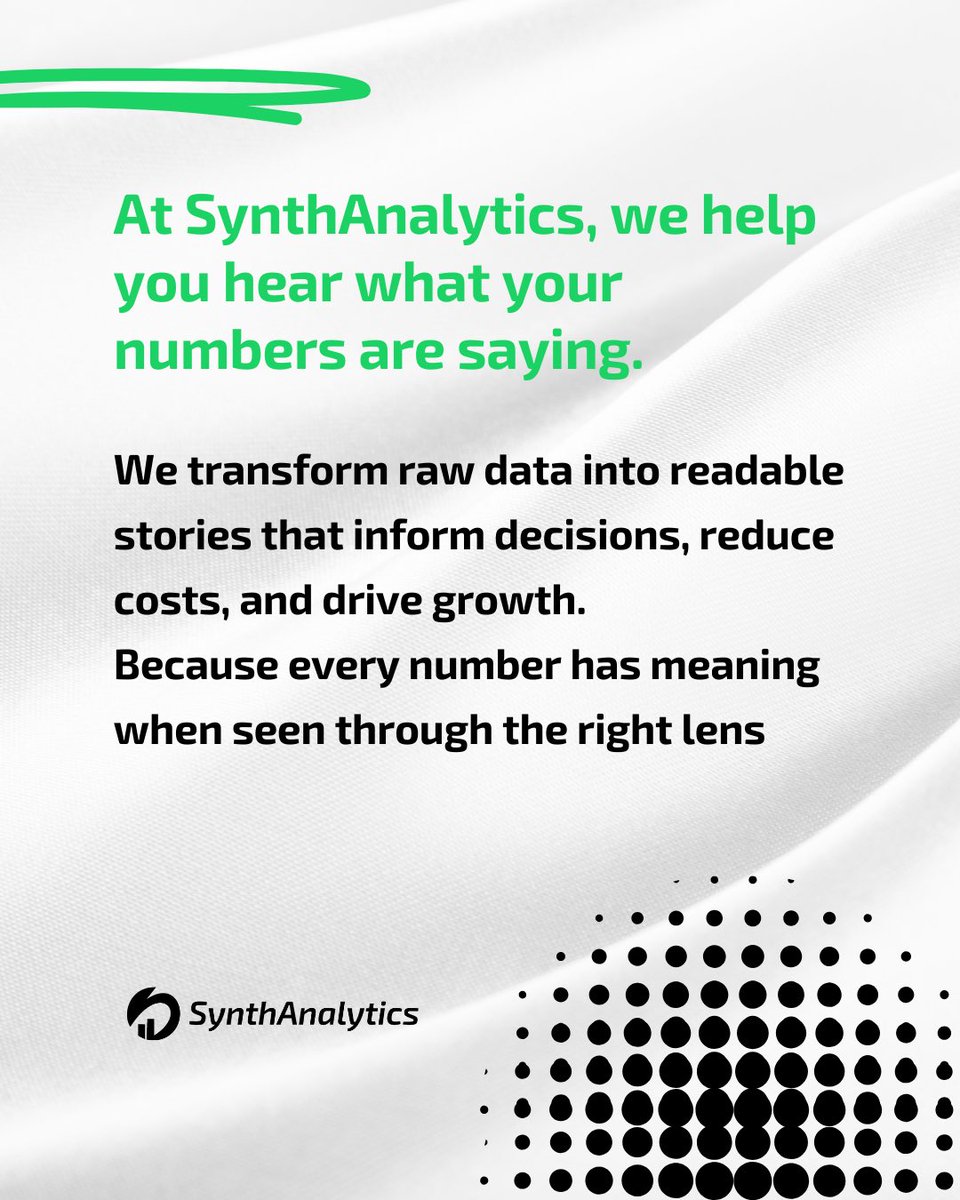 Synth_analytics's tweet image. 🔢 Every number has a voice—what’s yours saying?
Turn raw data into a story that drives decisions. Discover how to decode trends, spot hidden opportunities, and turn insights into action.
📊 @Synthanalytics: “Numbers are the plot; analytics is the narrative.
👉 #DataStory #sstvi