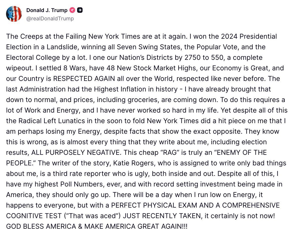 Osint613's tweet image. Trump: ‘The Creeps at the Failing New York Times are at it again. I won the 2024 Presidential Election in a Landslide, winning all Seven Swing States, the Popular Vote, and the Electoral College by a lot. I one our Nation’s Districts by 2750 to 550, a complete wipeout. I settled…