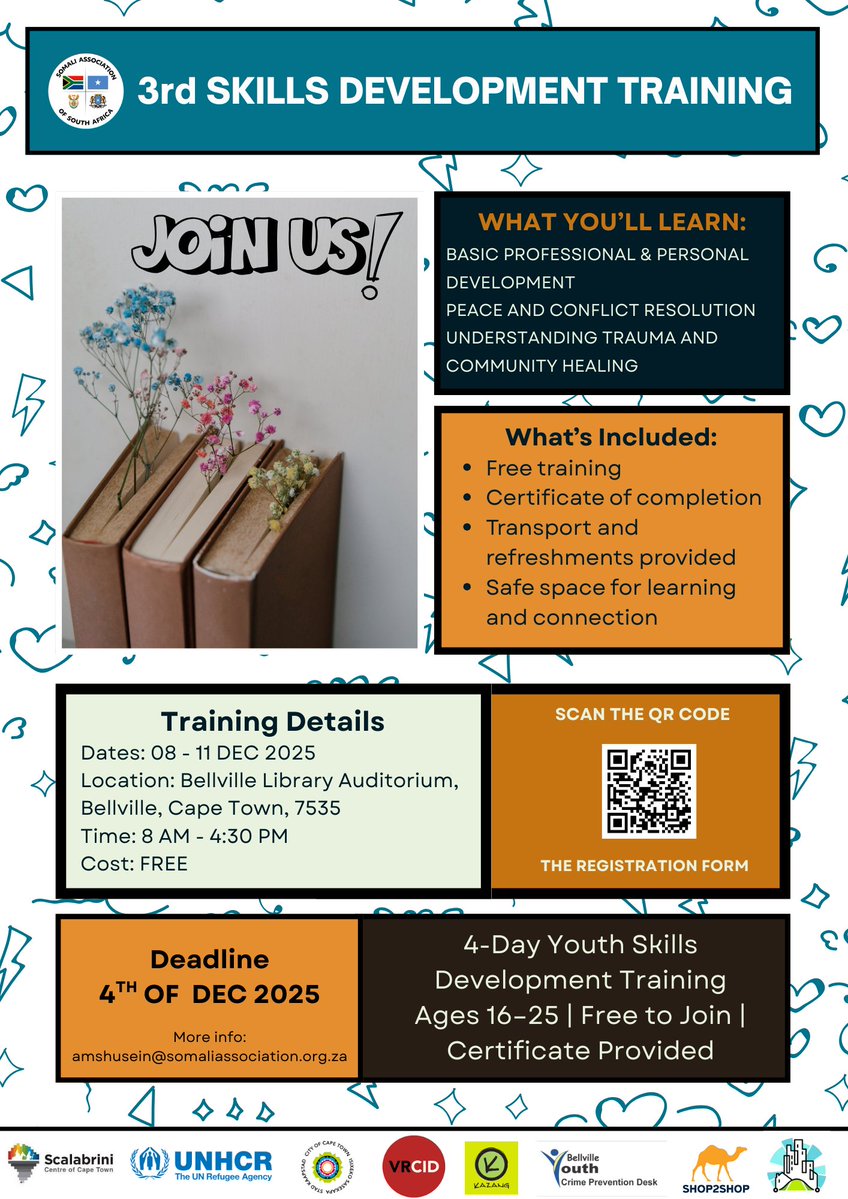 SomaliAssocSA's tweet image. Ready to grow before the year ends?
Join our free 4-day youth training (8–11 Dec, 8am–4pm) for ages 16–25.
Build life skills, leadership, peacebuilding, and more: plus transport, refreshments, and a certificate.
Apply by 4 Dec: forms.gle/gBsEzBzt79kK3o…