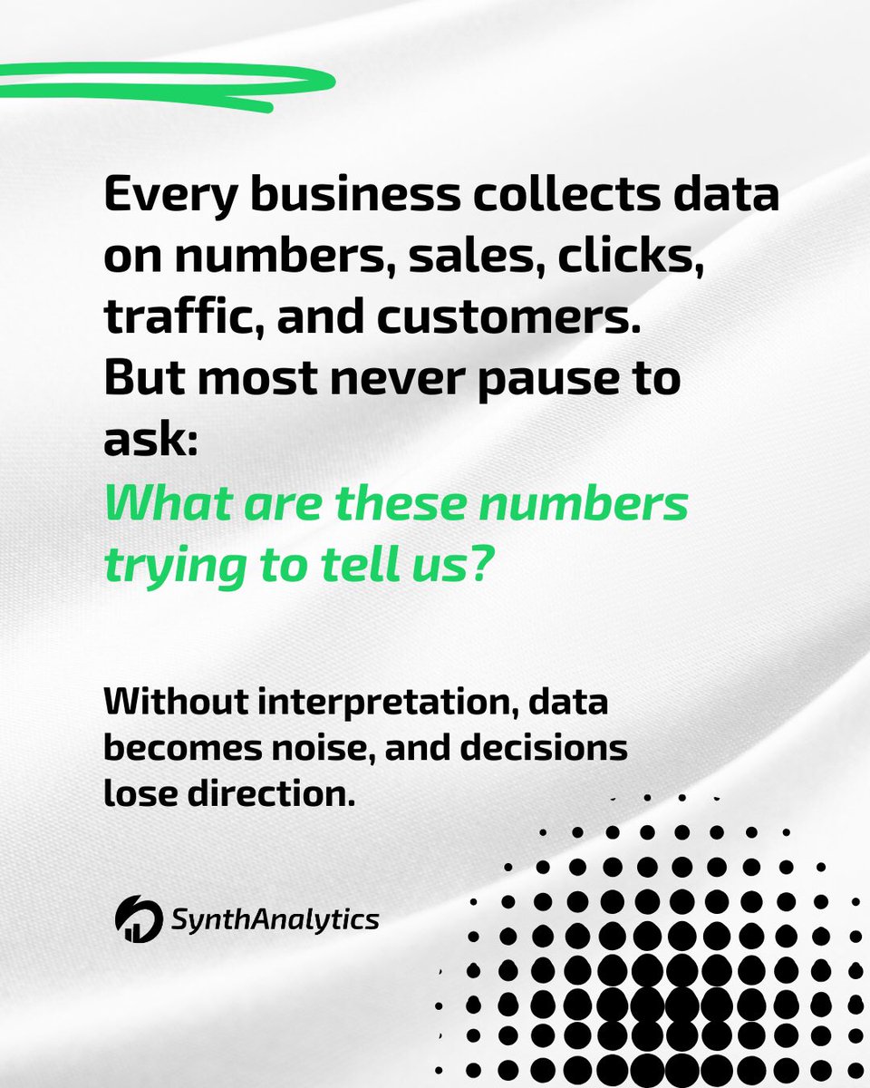 Synth_analytics's tweet image. 🔢 Every number has a voice—what’s yours saying?
Turn raw data into a story that drives decisions. Discover how to decode trends, spot hidden opportunities, and turn insights into action.
📊 @Synthanalytics: “Numbers are the plot; analytics is the narrative.
👉 #DataStory #sstvi