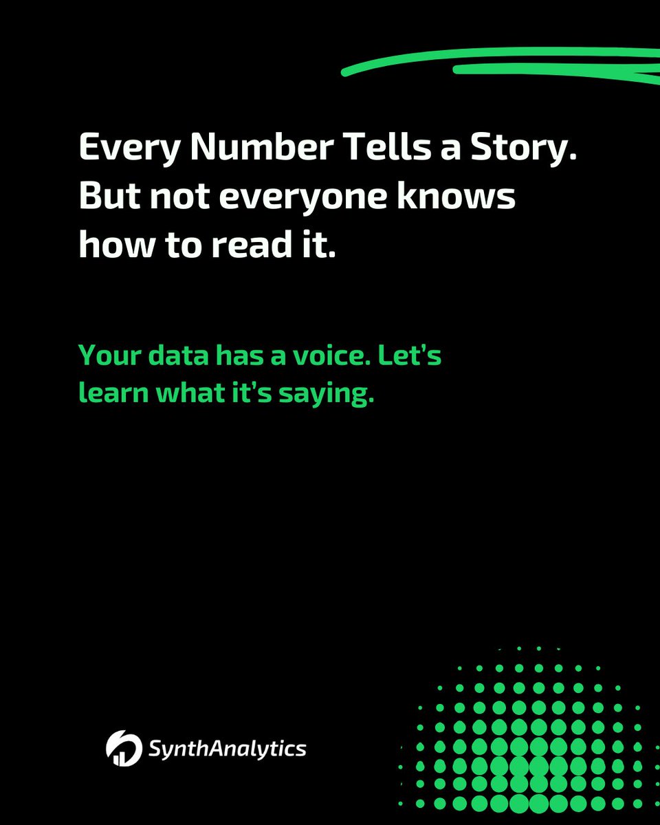 Synth_analytics's tweet image. 🔢 Every number has a voice—what’s yours saying?
Turn raw data into a story that drives decisions. Discover how to decode trends, spot hidden opportunities, and turn insights into action.
📊 @Synthanalytics: “Numbers are the plot; analytics is the narrative.
👉 #DataStory #sstvi