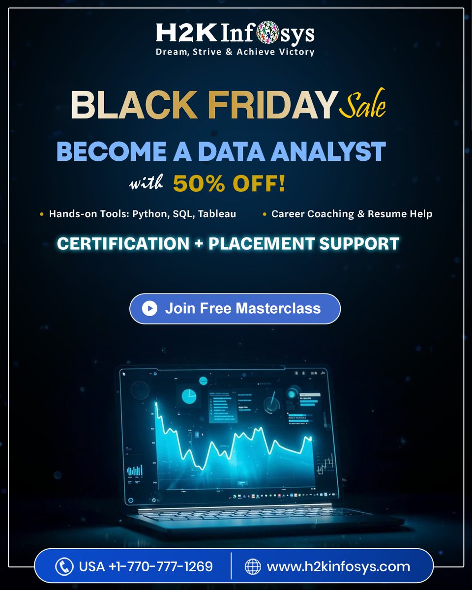 h2kinfosys's tweet image. 🎉 Black Friday: 50% OFF Data Analyst Training! 📊
Enroll Now : h2kinfosys.com/courses/data-a…
📞 +1 770-777-1269 | 📧 training@h2kinfosys.com
👉 For Latest Updates about H2kinfosys In One Click: h2kinfosys.com/quick-links/
#BlackFridaySale #DataAnalytics #DataAnalyst #Python #SQL #Tableau