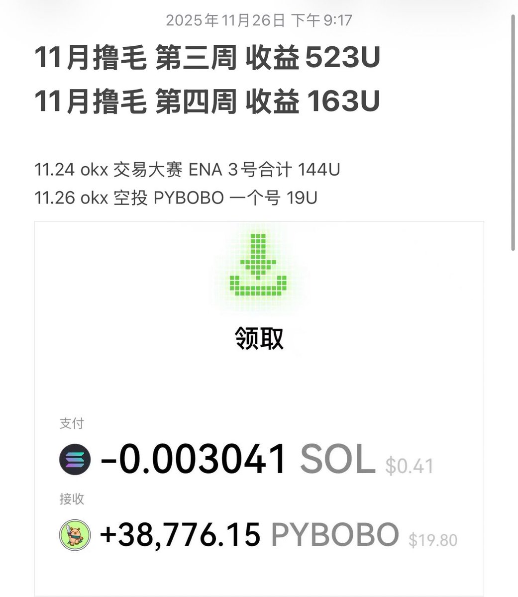 w3__debox's tweet image. 这一期有Bug，有人领了几百个SOL

我们延迟到账19U $PYBOBO