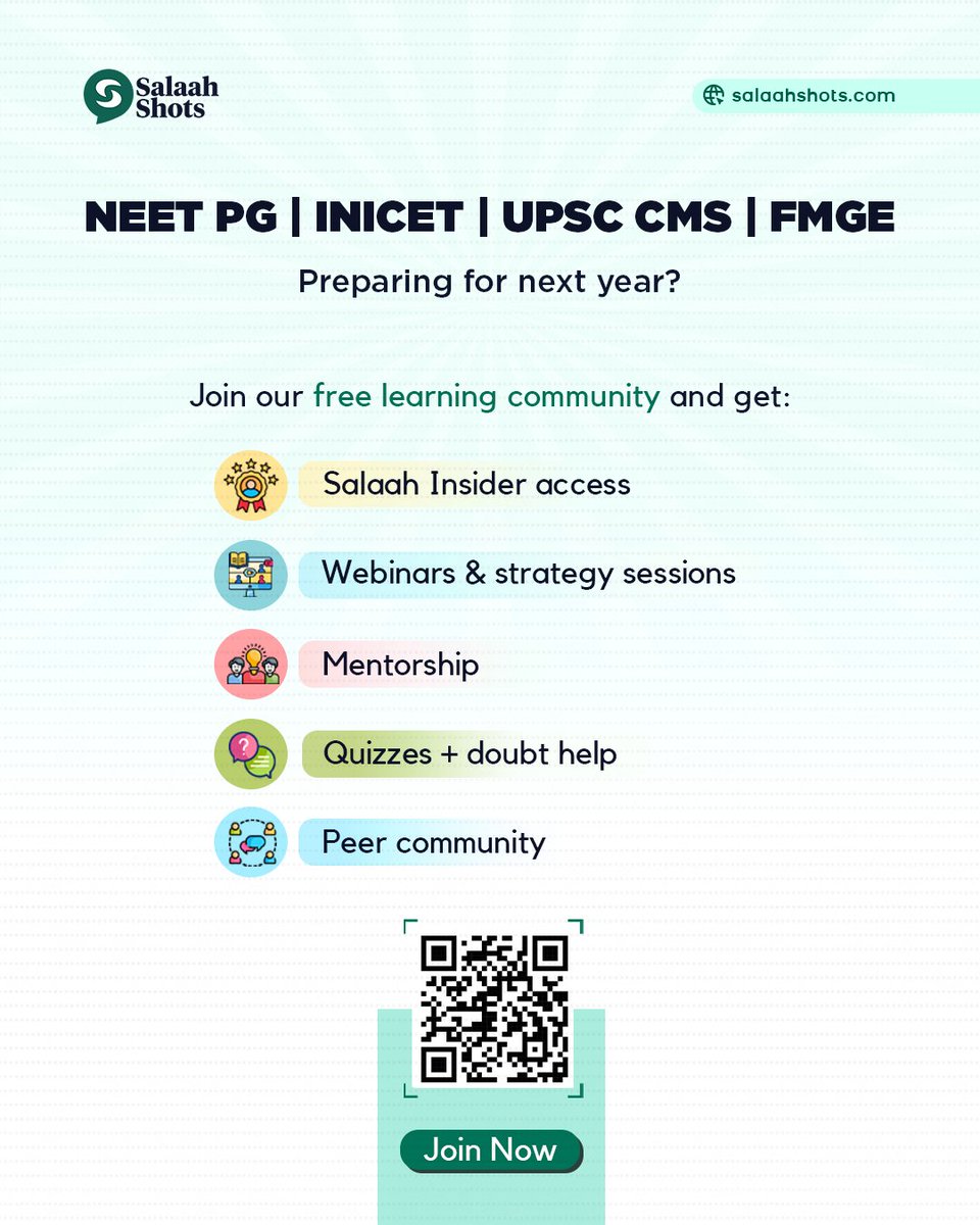 SalaahShots's tweet image. Preparing for NEET PG || INICET || UPSC CMS || FMGE 2026
Then join special Salaah Shots community to be ahead on your perp

Lot of perks of being part of our own doctors community

Click to join now: 
chat.whatsapp.com/DzO4WuPEdAd4vP…

#salaahshots #inicet #neetpg