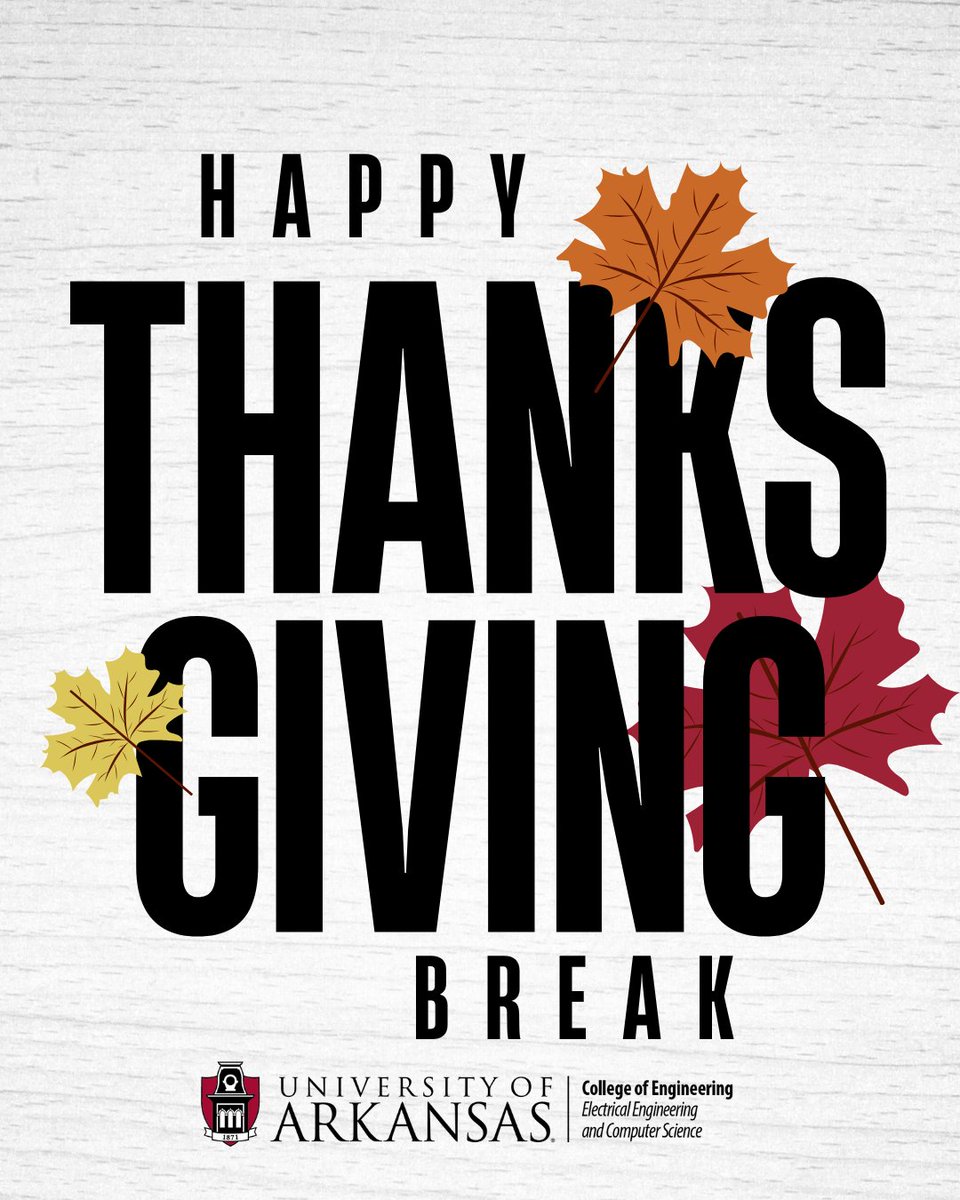 UArkEECS's tweet image. Happy Thanksgiving Break, EECS  🦃✨
Log off, touch grass, eat good food, and enjoy the chaos of being home. See y’all after the break! Get recharged and ready to code again 🤝💻

#UArkEECS #Engineering #ComputerScience #ElectricalEngineering #ComputerEngineering  #Thanksgiving