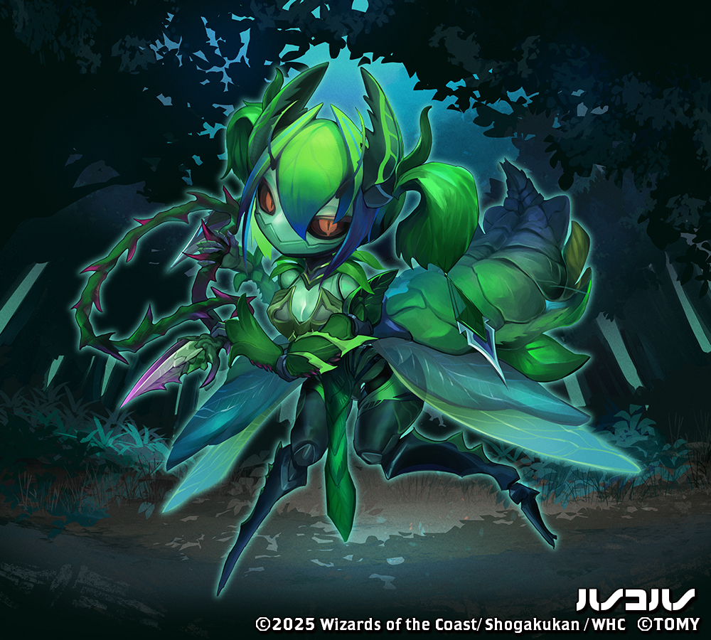 salsoba's tweet image. デュエル・マスターズ プレイス「黒夜の魔凰 -MAXIMUM OF MOONLESS!!-」にて、新規カードとして【ハノコハノ】さんを描かせて頂きました、コノハムシでグランセクトな女の子です！うれしい！よろしくお願いします！#デュエプレ