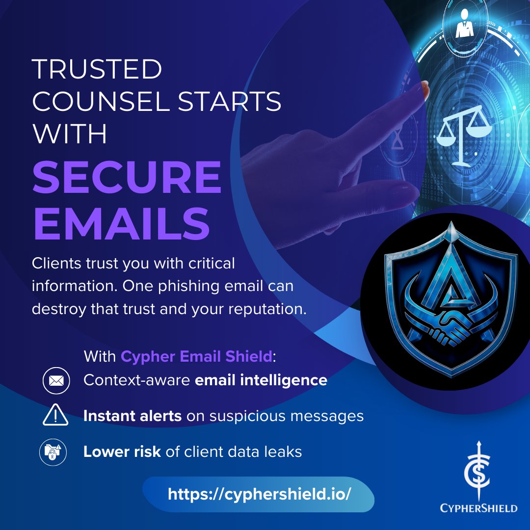 CypherShieldIO's tweet image. Secure client trust with every email. ⚡
Protect sensitive info from phishing, instantly. 📨
Get smarter alerts, lower data leak risk, and peace of mind with Cypher Email Shield. 🔒

Safeguard your practice, learn more at cyphershield.io​

#Cybersecurity #EmailProtection