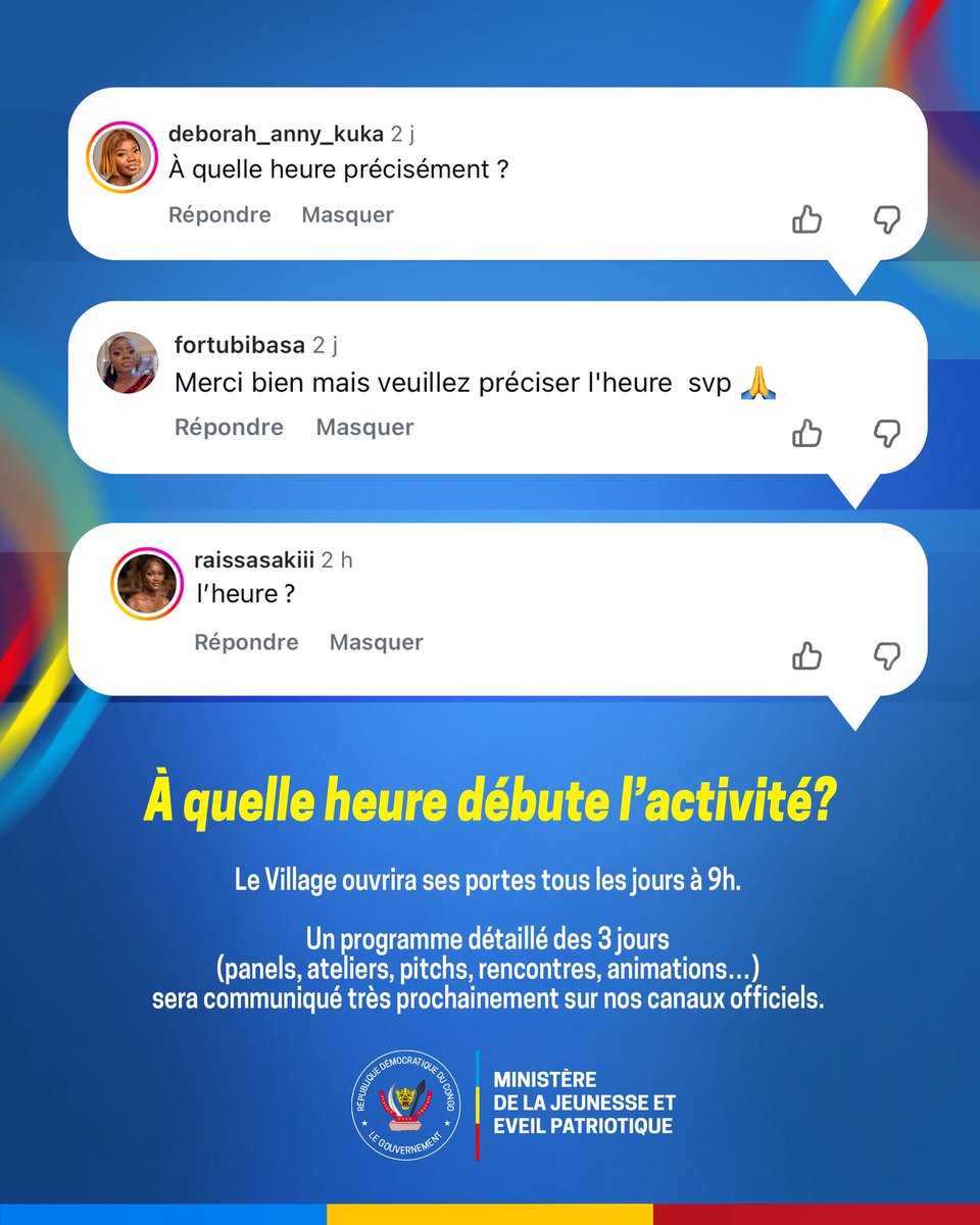 jeunesseEP_RDC's tweet image. #FAQ | À l’approche du Village des Opportunités, vous avez été très nombreux à interagir avec nos annonces par vos messages, commentaires, questions…
Comme prévu nous dévoilons progressivement toutes les informations pratiques pour vous permettre de préparer au mieux votre…