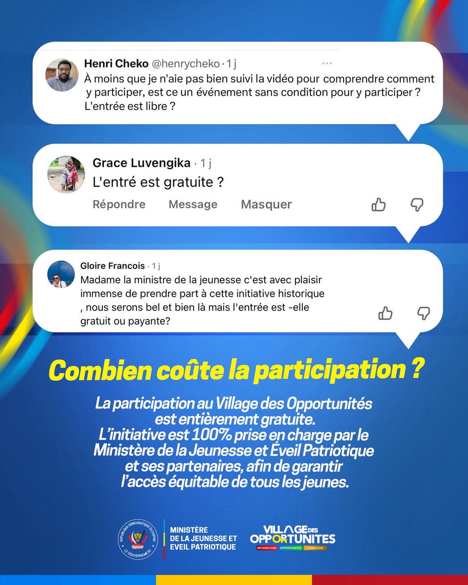 jeunesseEP_RDC's tweet image. #FAQ | À l’approche du Village des Opportunités, vous avez été très nombreux à interagir avec nos annonces par vos messages, commentaires, questions…
Comme prévu nous dévoilons progressivement toutes les informations pratiques pour vous permettre de préparer au mieux votre…