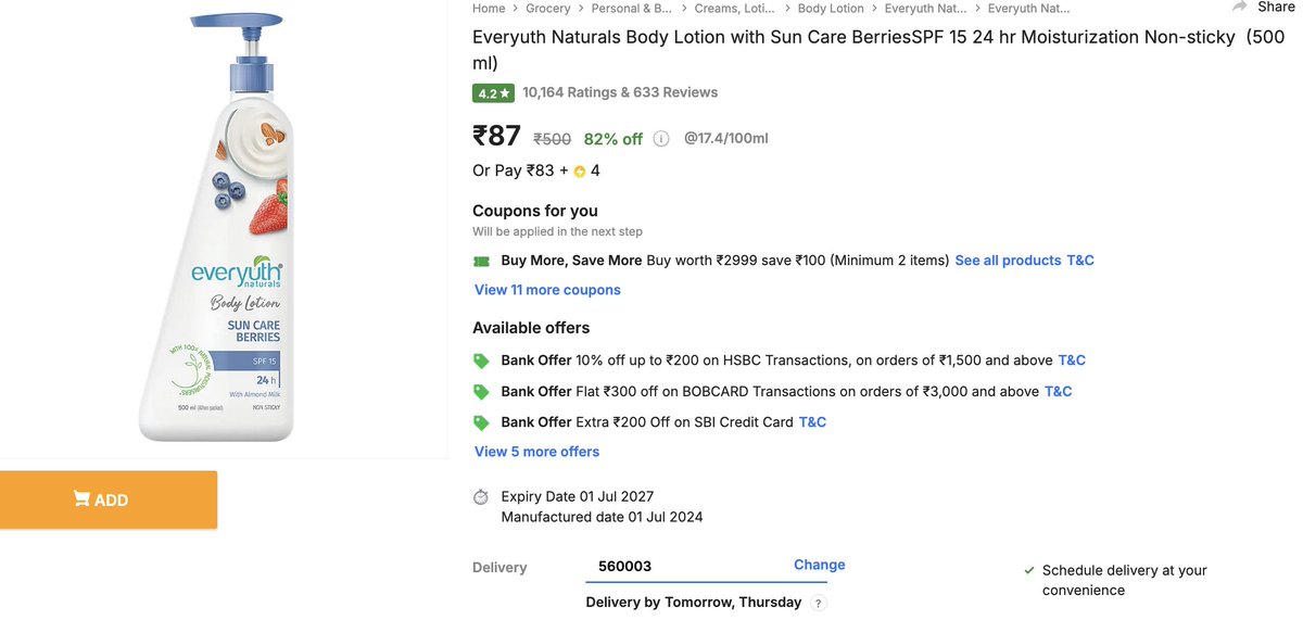 DealsWorthWatch's tweet image. #Flipkart Kilos #Bengaluru-560003/45/XX
Everyuth Naturals Body Lotion Sun Care Berries SPF 500ml
₹87 (₹500) | 82% off → fkrt.cc/hs5BnCV 

Dabur Sanitize Antiseptic Bathing Soap 6 x 125g
₹90 (₹390) | 76% off → fkrt.cc/hIELi8f
#Loot  t.me/DealsWorthWatc…