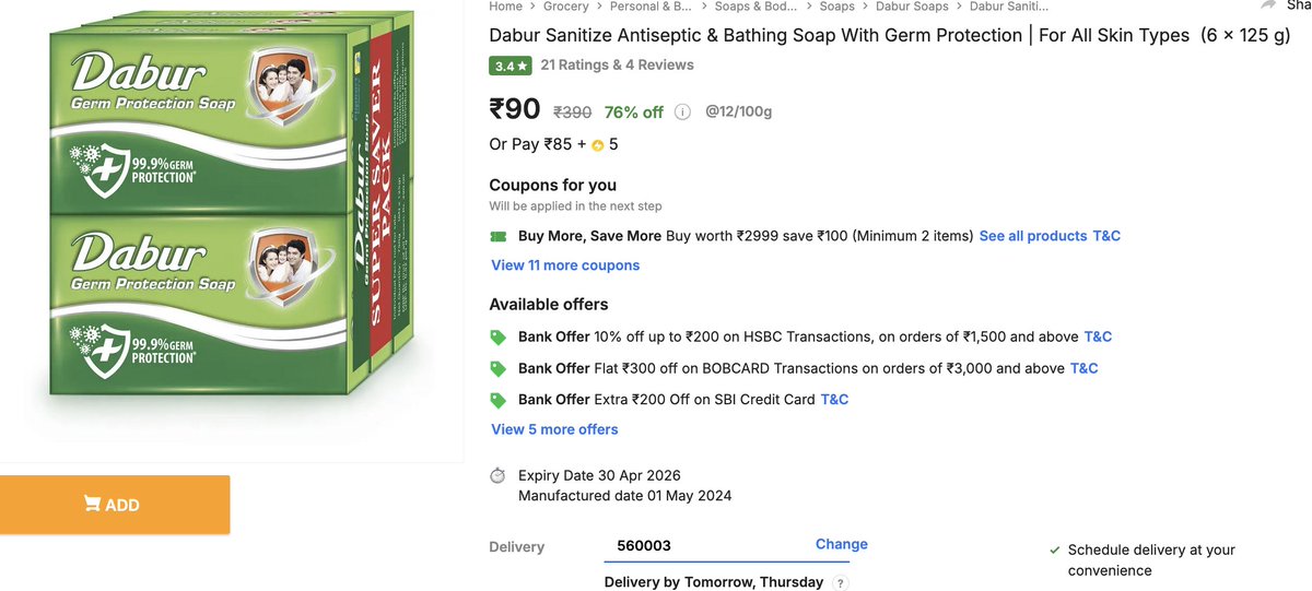 DealsWorthWatch's tweet image. #Flipkart Kilos #Bengaluru-560003/45/XX
Everyuth Naturals Body Lotion Sun Care Berries SPF 500ml
₹87 (₹500) | 82% off → fkrt.cc/hs5BnCV 

Dabur Sanitize Antiseptic Bathing Soap 6 x 125g
₹90 (₹390) | 76% off → fkrt.cc/hIELi8f
#Loot  t.me/DealsWorthWatc…
