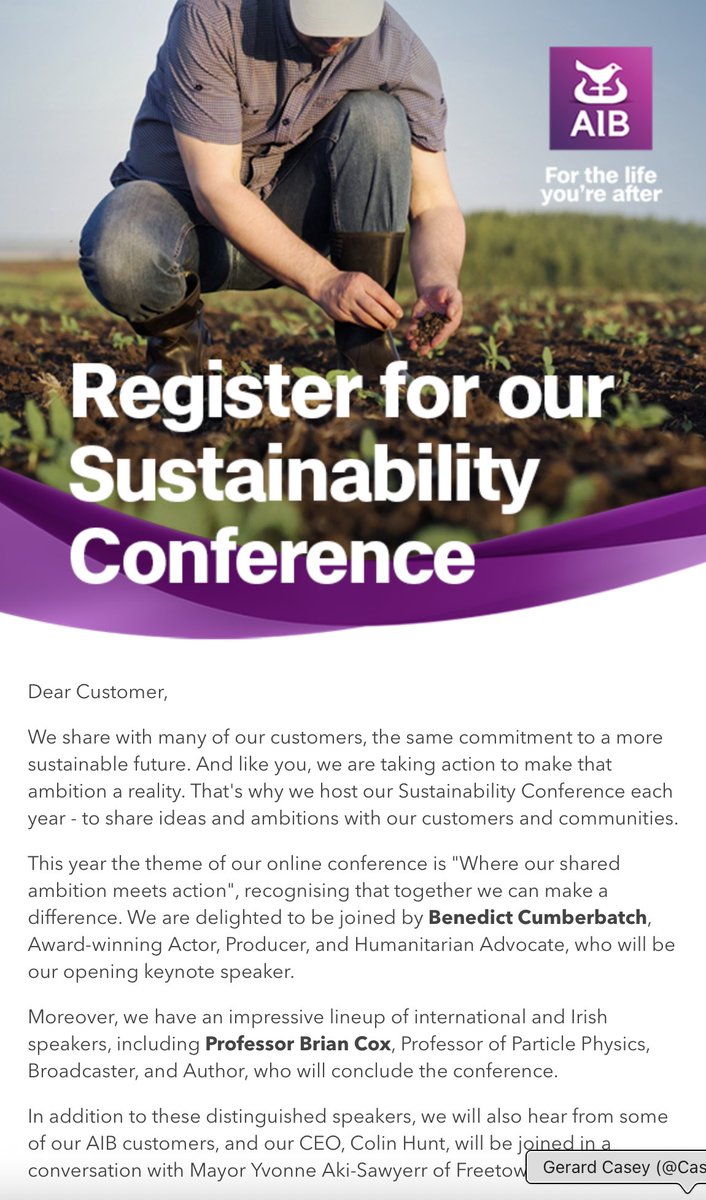 I received an email from AIB this morning, advising me of a Sustainability Conference the bank is hosting.👇

I can think of few events I want to go to less than a Sustainability Conference but the question occurred to me: why is AIB hosting a conference of this kind? In what way