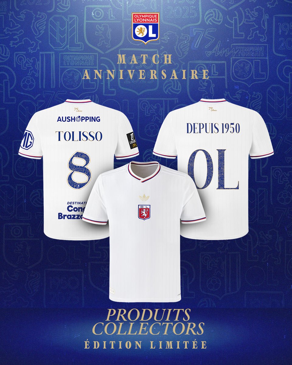 OL's tweet image. Coup d’envoi du MATCH ANNIVERSAIRE 75 ans de l’OL ce dimanche face au FC Nantes.

Pour cet événement, découvrez nos produits collectors en édition limitée :
Maillot 75 ans au marquage de vos joueurs préférés, flocage inédit, et patch anniversaire offert pour tout achat de la…